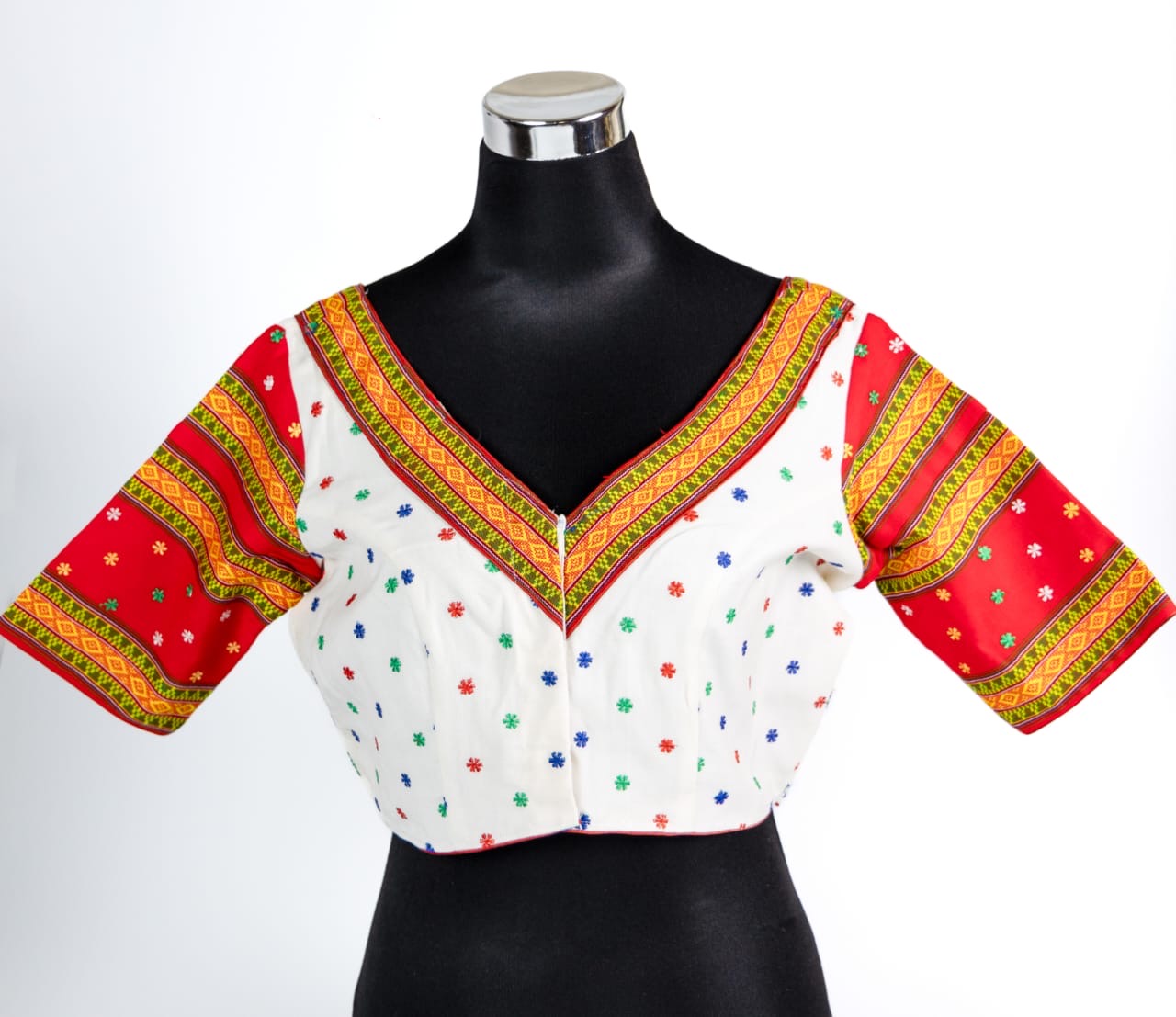 V-NECK JAPI BLOUSE WITH TRADITIONAL PATTERNS OF TRIPURA