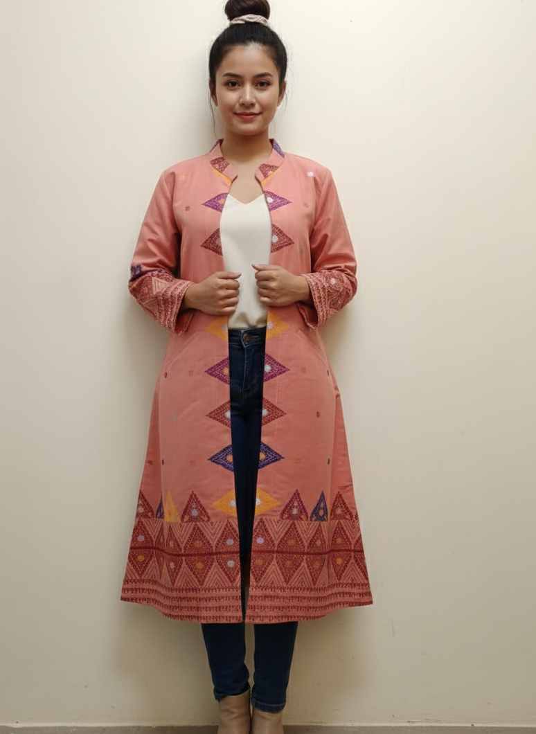 Long Cotton Shrug With Traditional Motifs