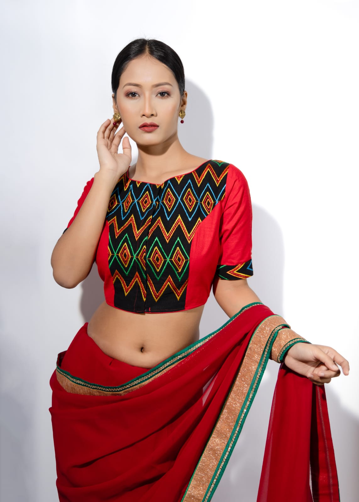 BOAT NECK BLOUSE WITH MOTIFS OF KONYAK TRIBE FROM NAGALAND