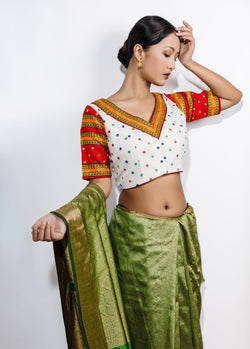 V-NECK JAPI BLOUSE WITH TRADITIONAL PATTERNS OF TRIPURA