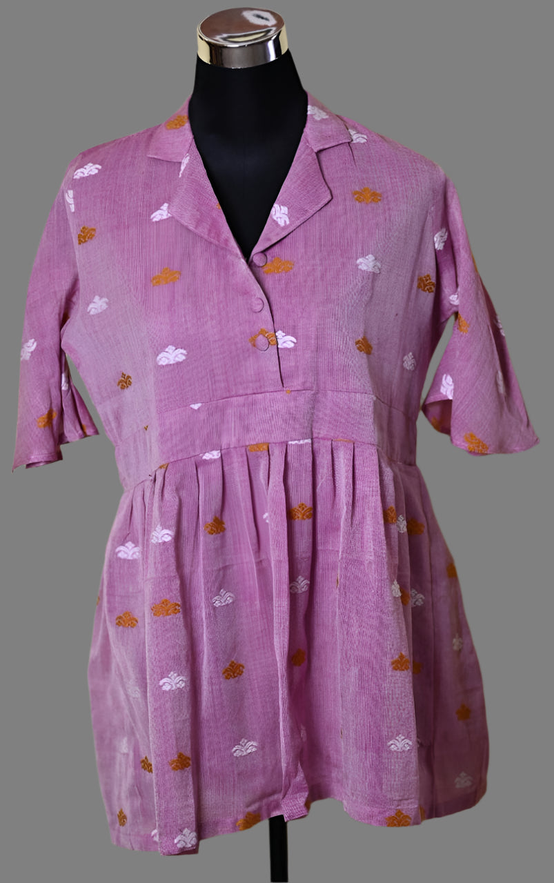 COTTON  COLLARED NECK FLARED KURTI WITH TRADITIONAL MOTIFS OF ASSAM