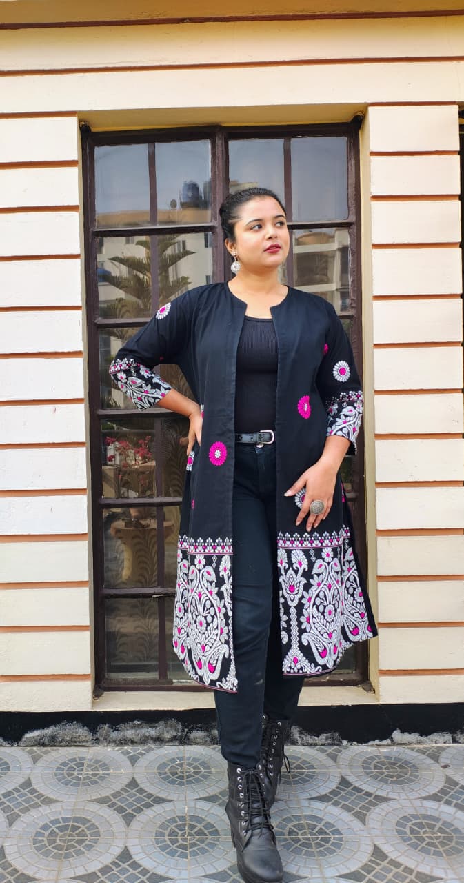 Cotton Long Shrug with Traditional Motifs of Assam
