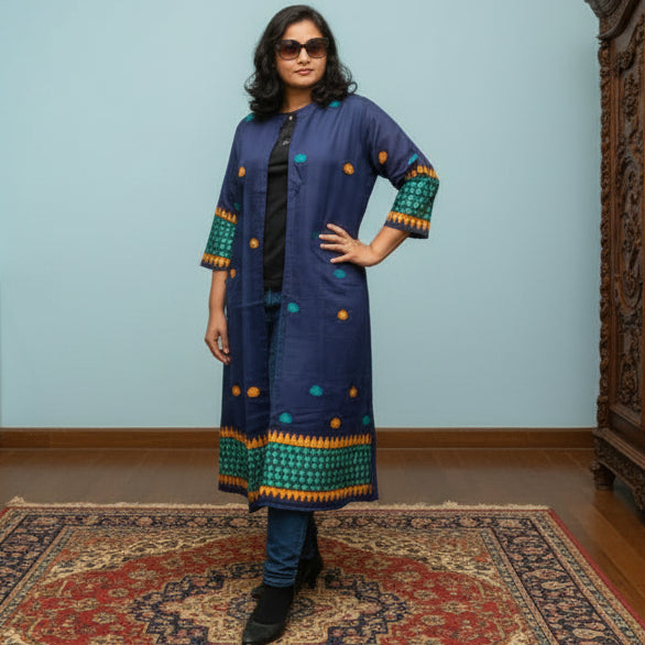 Long Cotton Shrug With Traditional Motifs Of Assam
