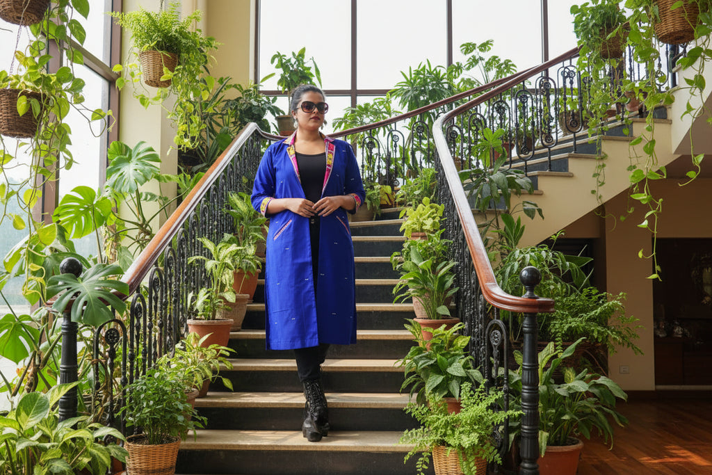 Cotton Long Shrug With Traditional Motifs Of Assam