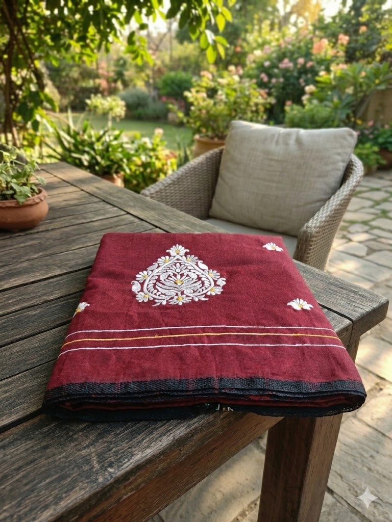HANDLOOM COTTON SAREE WITH EMBROIDERED TRADITIONAL MOTIFS OF ASSAM