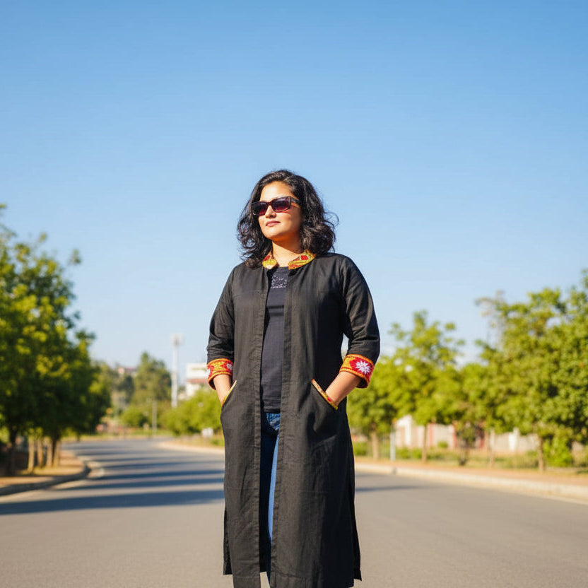Long Cotton Shrug With Traditional Motifs of Assam
