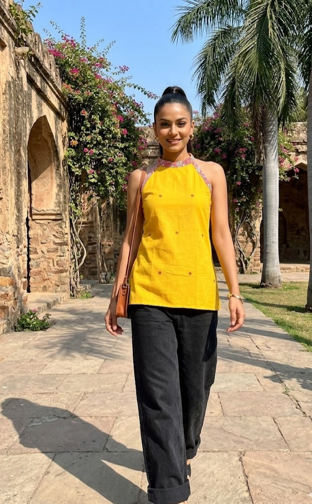 YELLOW HALTERNECK  COTTON  KURTI