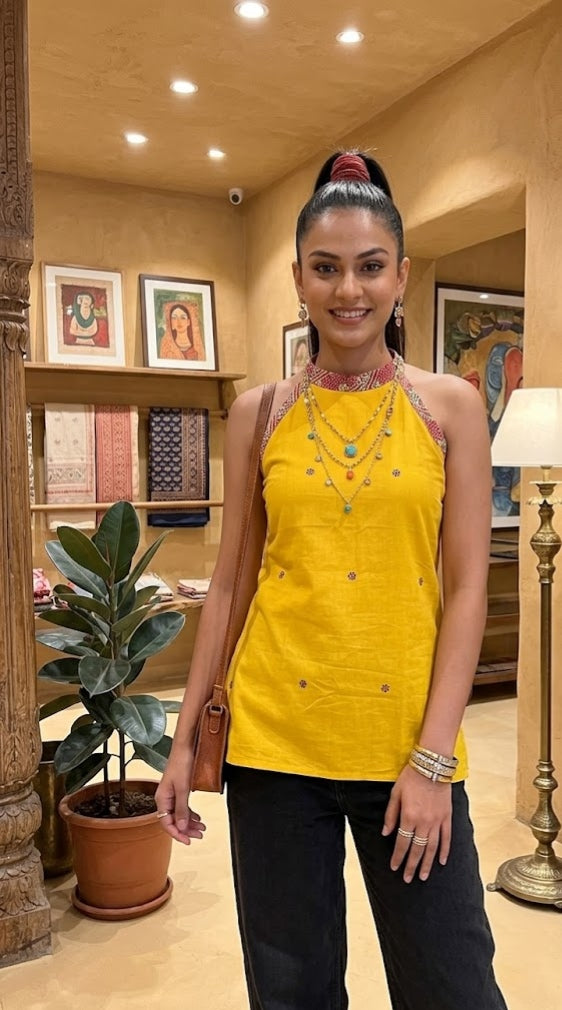 YELLOW HALTERNECK  COTTON  KURTI