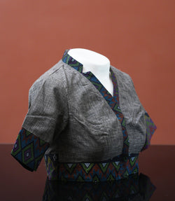 GREY AND BLACK NATURALLY DYED COLLARED NECK BLOUSE