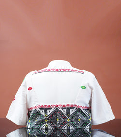 V- Neck Blouse with traditional Tiwa fabric pattern