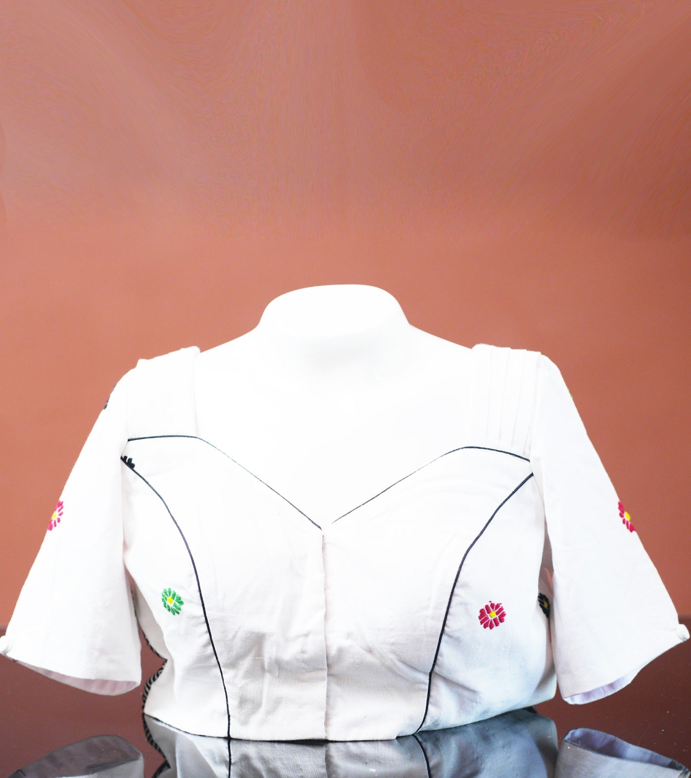 V- Neck Blouse with traditional Tiwa traditional pattern