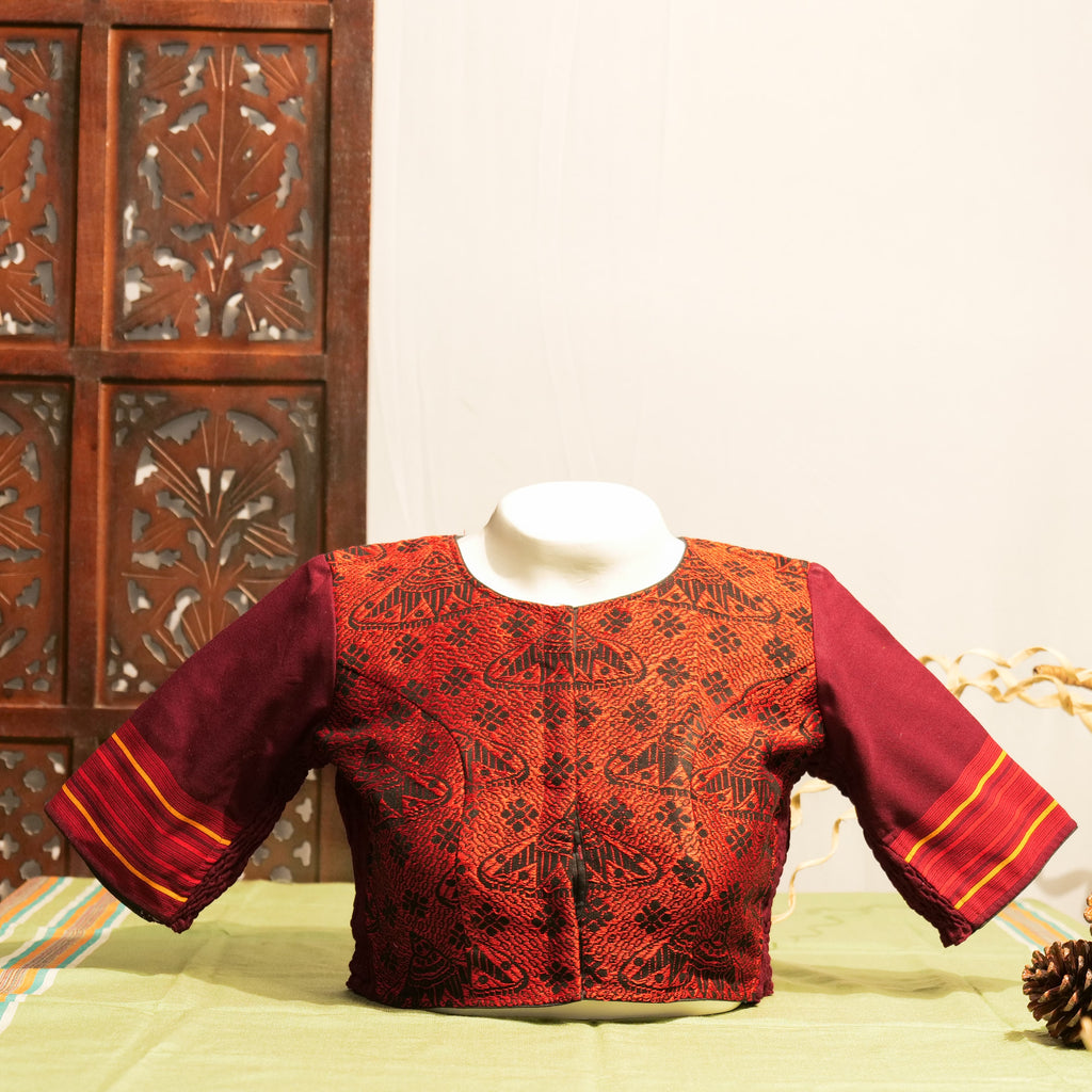 ASSAMESE JAPI DESIGNED T-SHIRT NECK STRETCHLINE BLOUSE WITH TIWA MOTIF