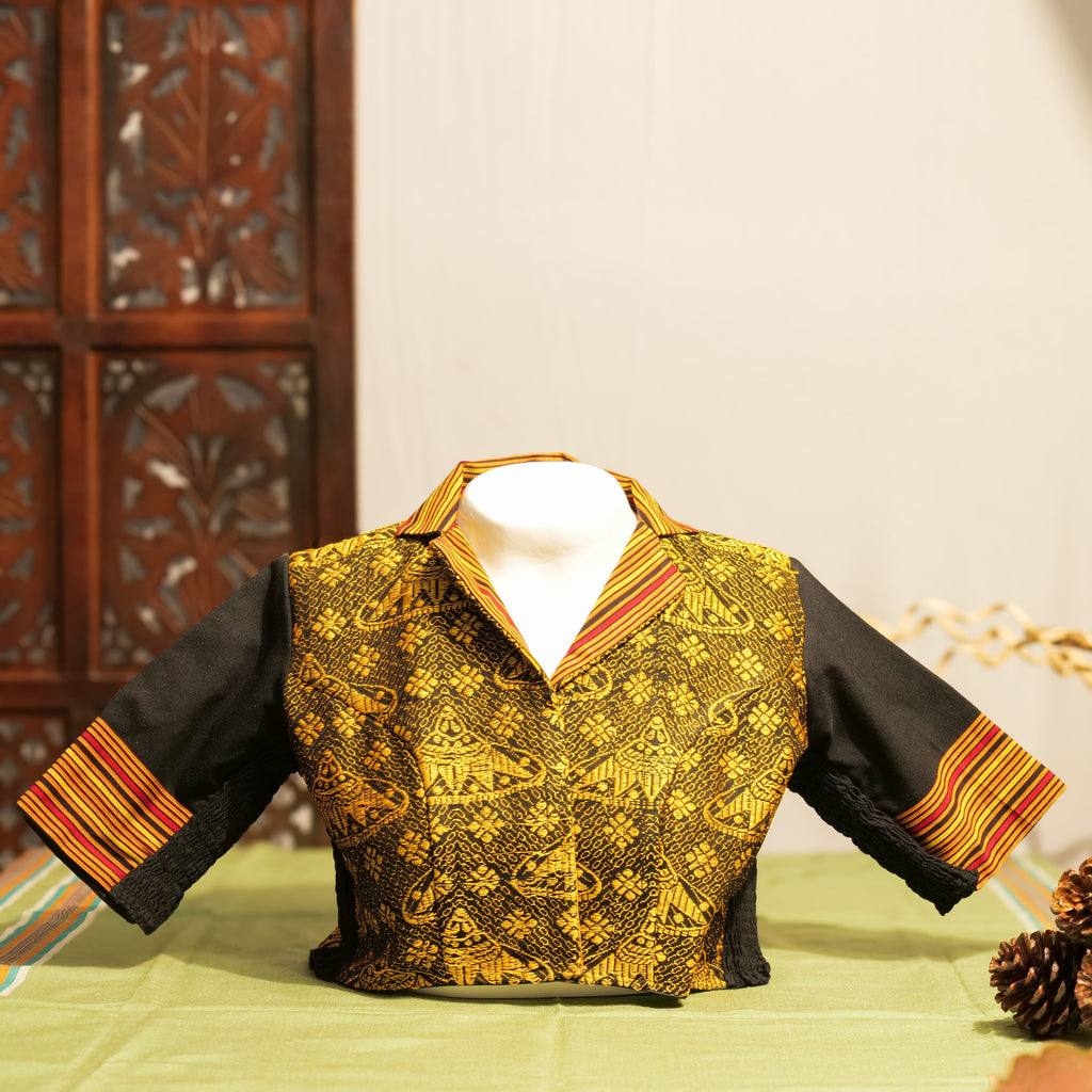 ASSAMESE JAPI DESIGNED COLLARED NECK STRETCHLINE BLOUSE WITH TIWA MOTIF