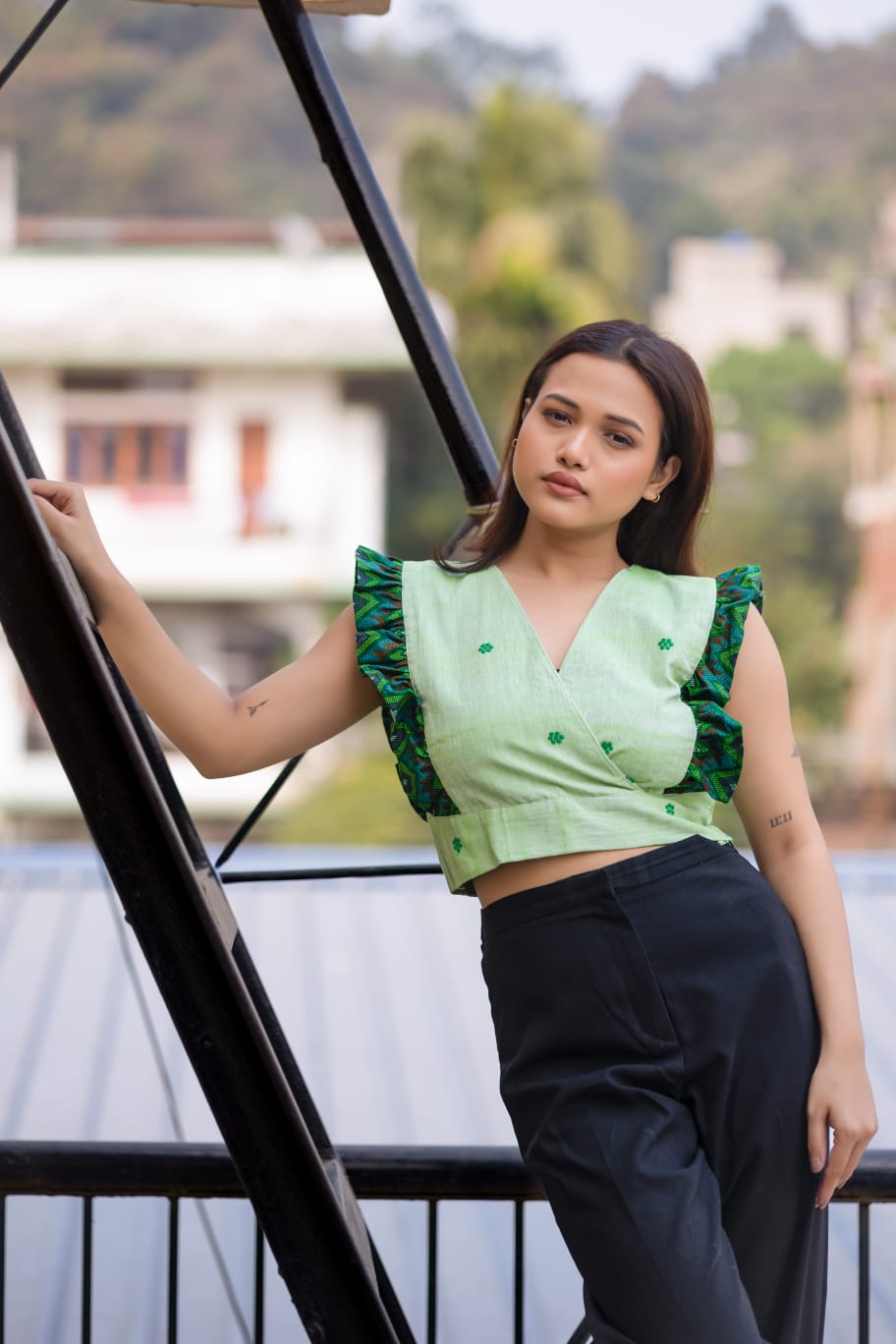 Assamese Gos Buta designed Ruffle Crop Top