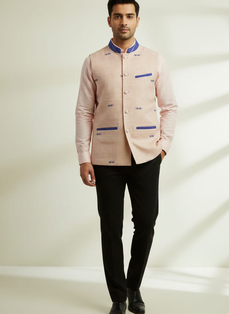 HANDLOOM COTTON PEACH NEHRU JACKET FOR MEN